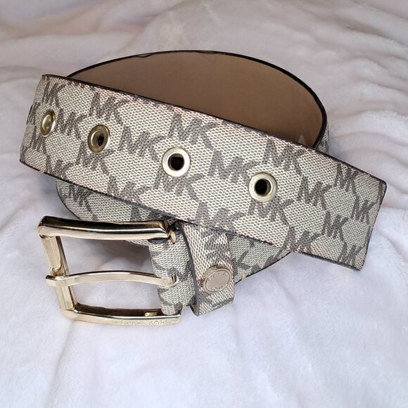 Michael Kors Womens MK Logo Print Tan Brown Belt Gold Buckle Size Small - Picture 1 of 11